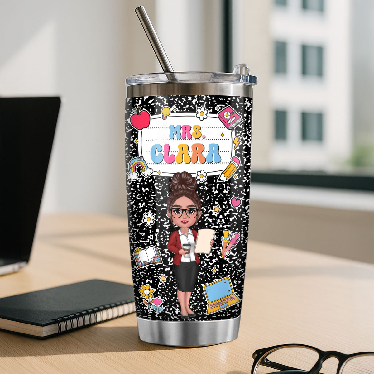 Teacher Composition Book Pattern Personalized Tumbler, Gift For Teacher
