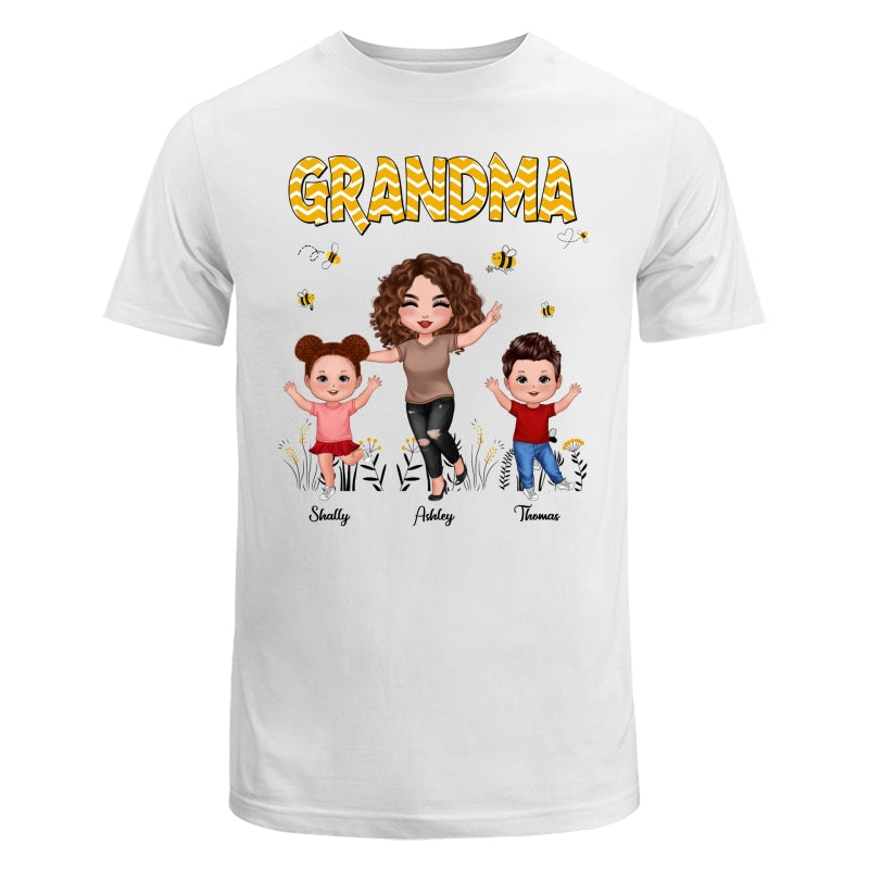 Yellow Pattern Bee Happy Doll Grandma & Grandkids Personalized Shirt