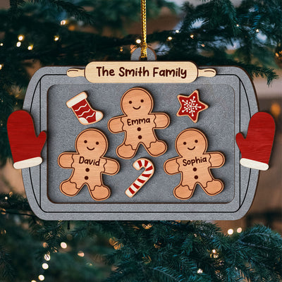 Gingerbread Family On Baking Tray Christmas Personalized 3-Layer Wooden Ornament