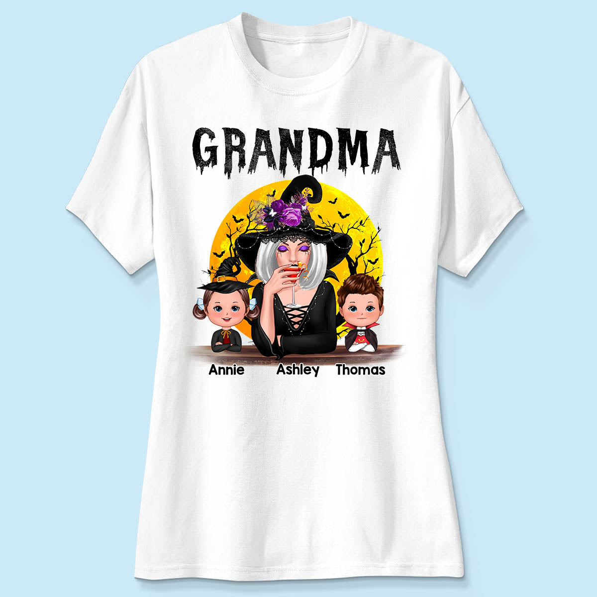 Halloween Moon Grandma Mom Witch With GrandKids Personalized Shirt