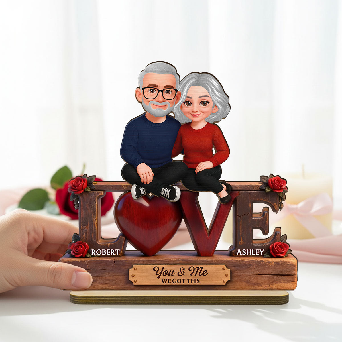 Roses LOVE Couple Sitting Embracing - Personalized 2-Layered Wooden Plaque - Valentine's Day Gift For Couple, For Him, For Her