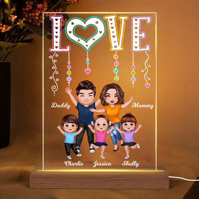 LOVE Happy Doll Whole Family Couple Kids Dogs Cats Personalized Rectangle Acrylic Plaque LED Night Light