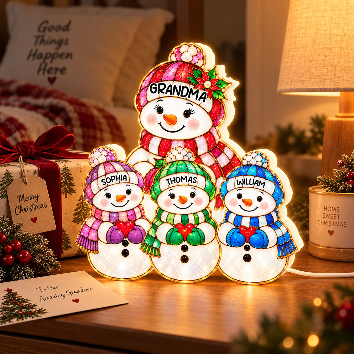 Cute Snowman Grandma Grandpa & Grandkids 2D Flat Printed - Personalized Light Box - Christmas Decor For Family, Grandma, Grandpa