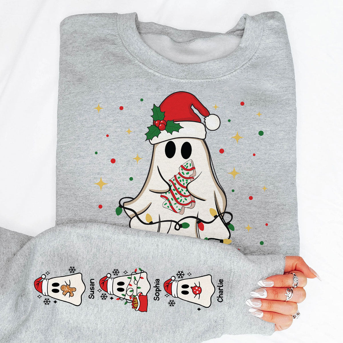 Christmas Cute Boo Grandma Grandkids Personalized Sleeve Printed Sweatshirt