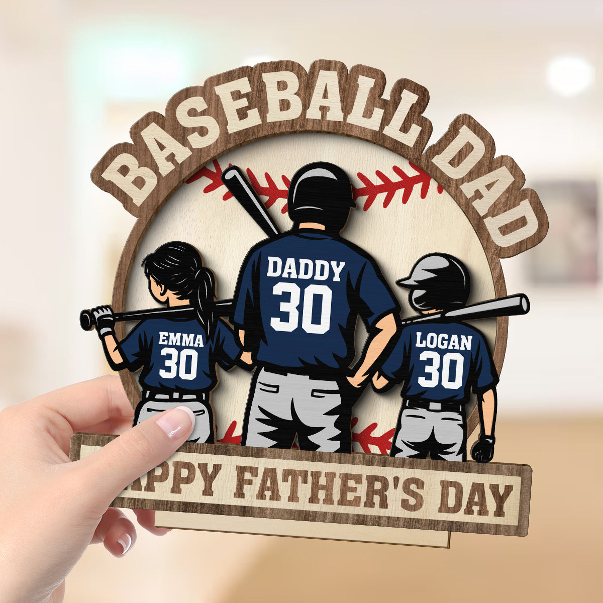 Baseball Family Back View Personalized 2-Layered Standing Wooden Plaque, Father's Day gift for Dad, for Husband