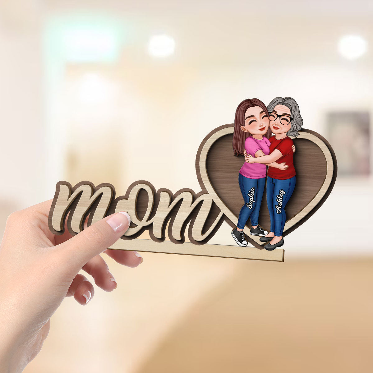 Mom Hugging Daughter Personalized 2-Layers Standing Wooden Plaque