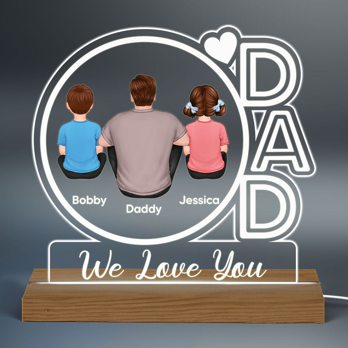 Dad We Love You Back View Sitting Dad & Kids Personalized Custom Shape Acrylic Plaque With Warm LED Night Light