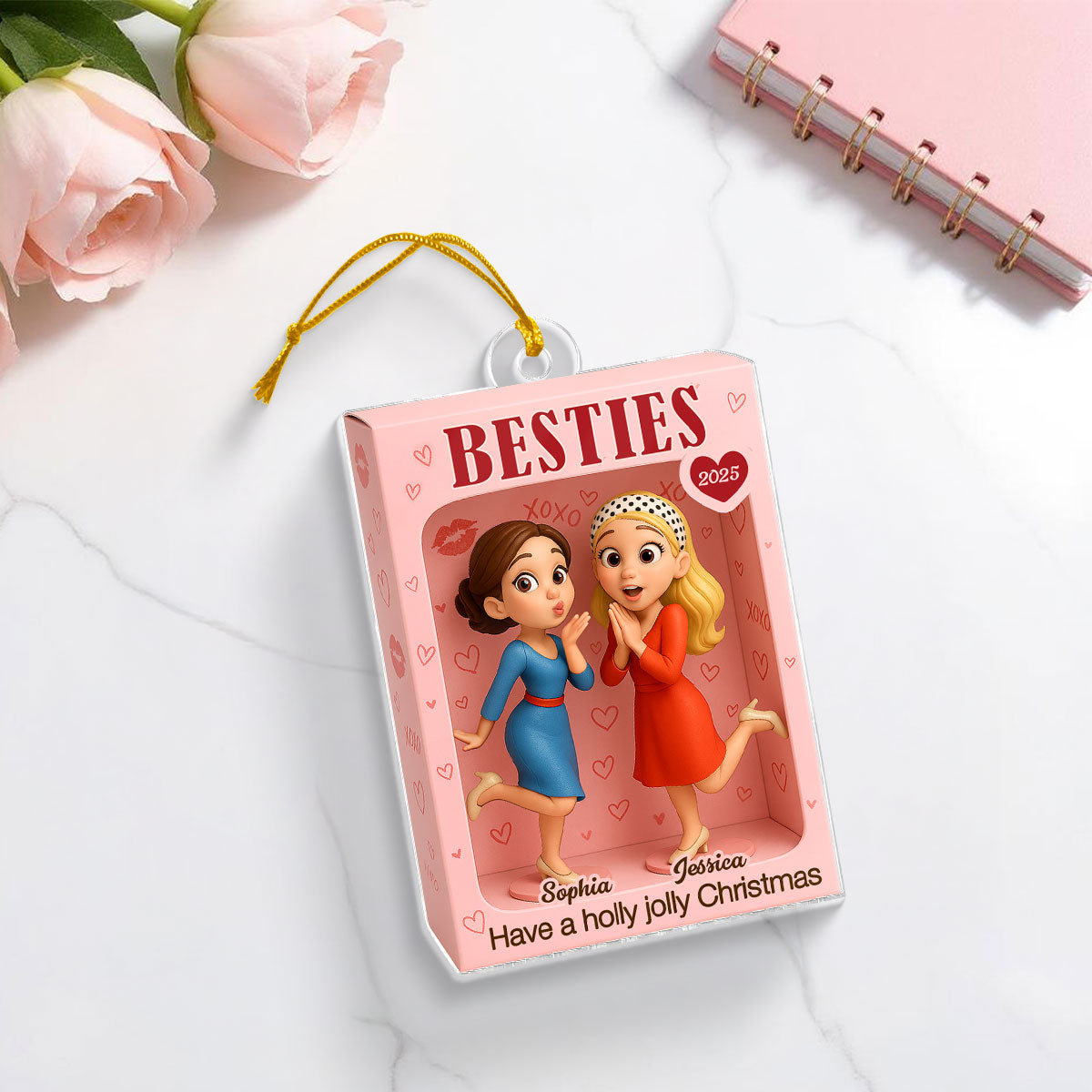 Besties XOXO Pretty Girls Toy Box Style - Personalized Acrylic Ornament - Christmas Gift For Best Friends