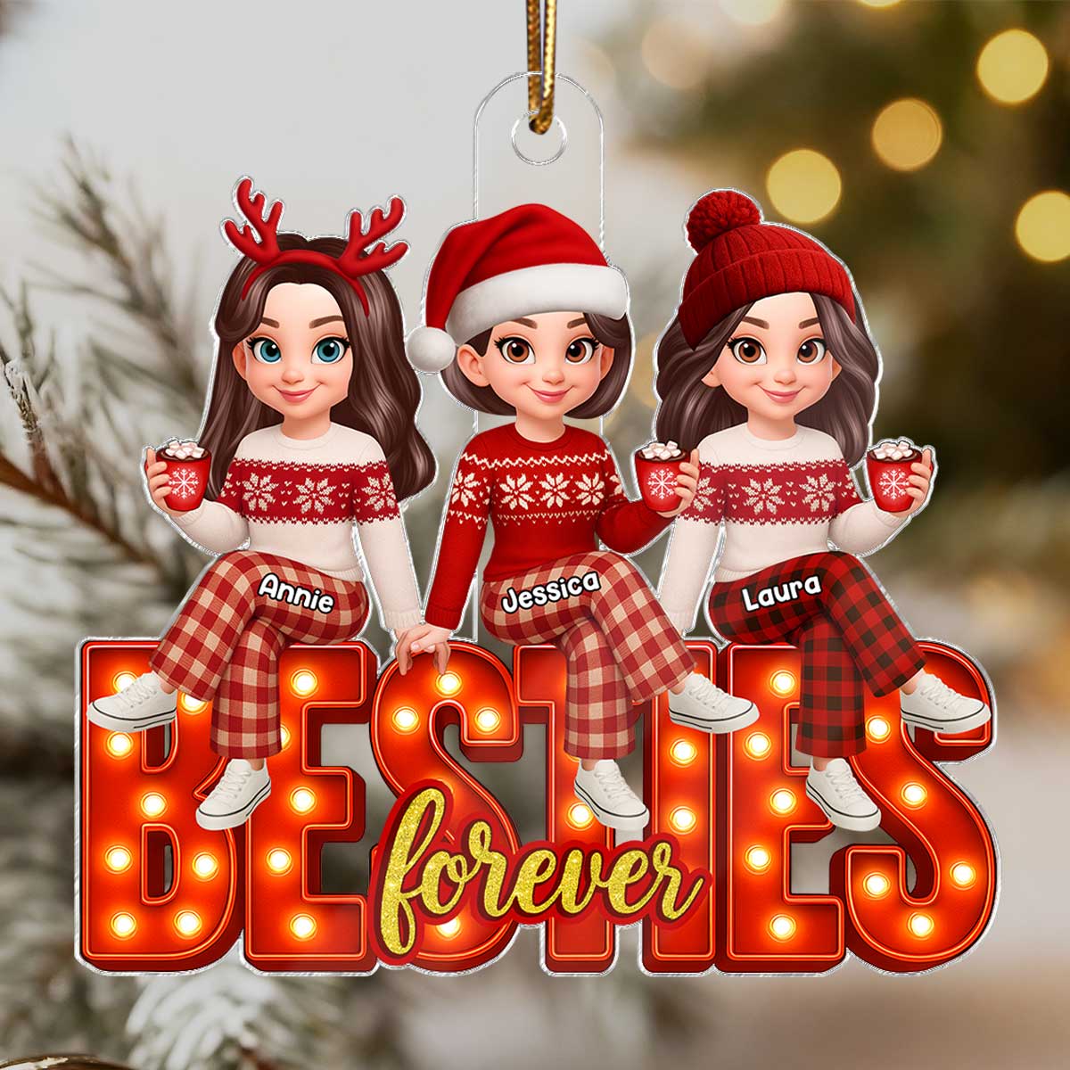 3D Effect Christmas Besties Forever Marquee Effect - Personalized Acrylic Ornament - Christmas Gift For Best Friends