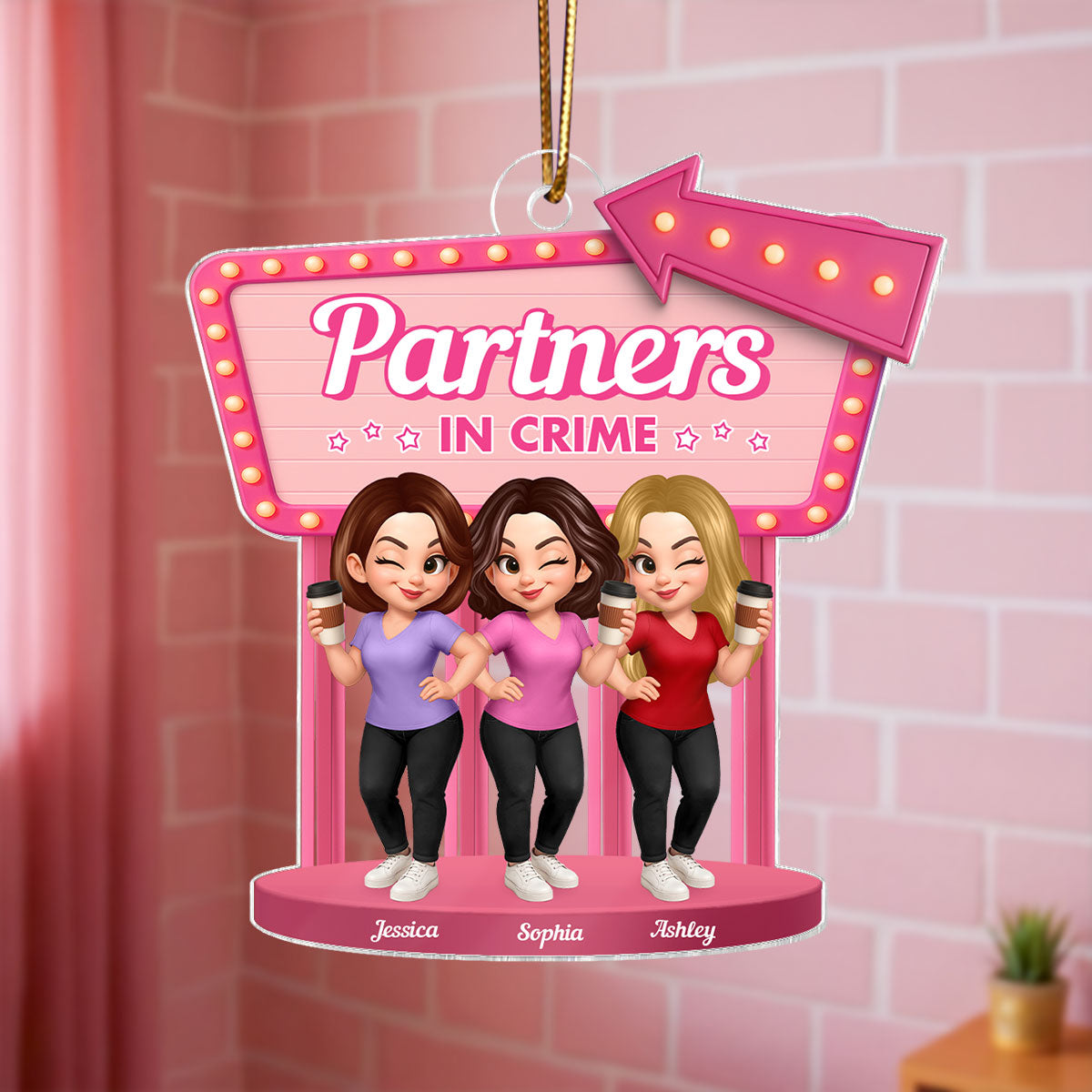 Besties Sisters 3D Effect Pink Sign Personalized Acrylic Ornament