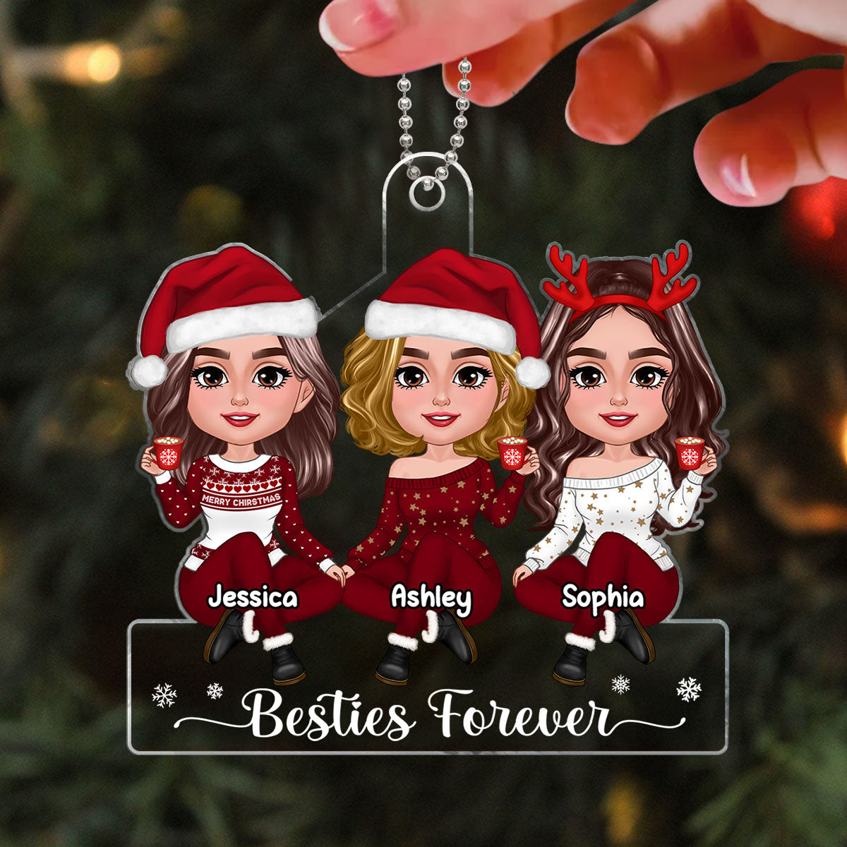 Pretty Besties Sisters Sitting Red Clothes Christmas Gift Personalized Acrylic Ornament