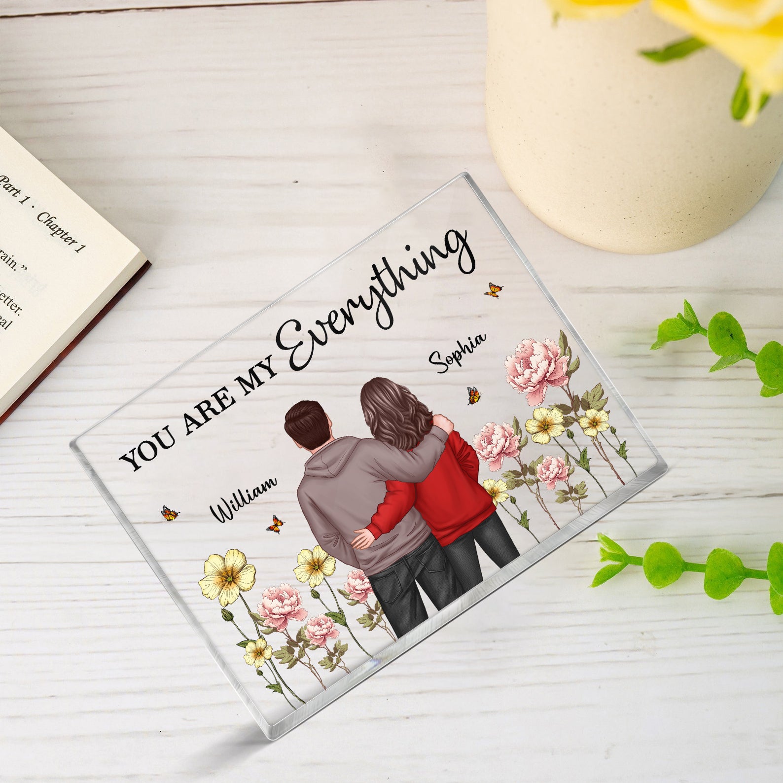 Couple Birth Month Flower Personalized Rectangle Acrylic Block Plaque, Heartfelt Gift For Couple, For Him, For Her, Boyfriend, Girlfriend, Husband, Wife