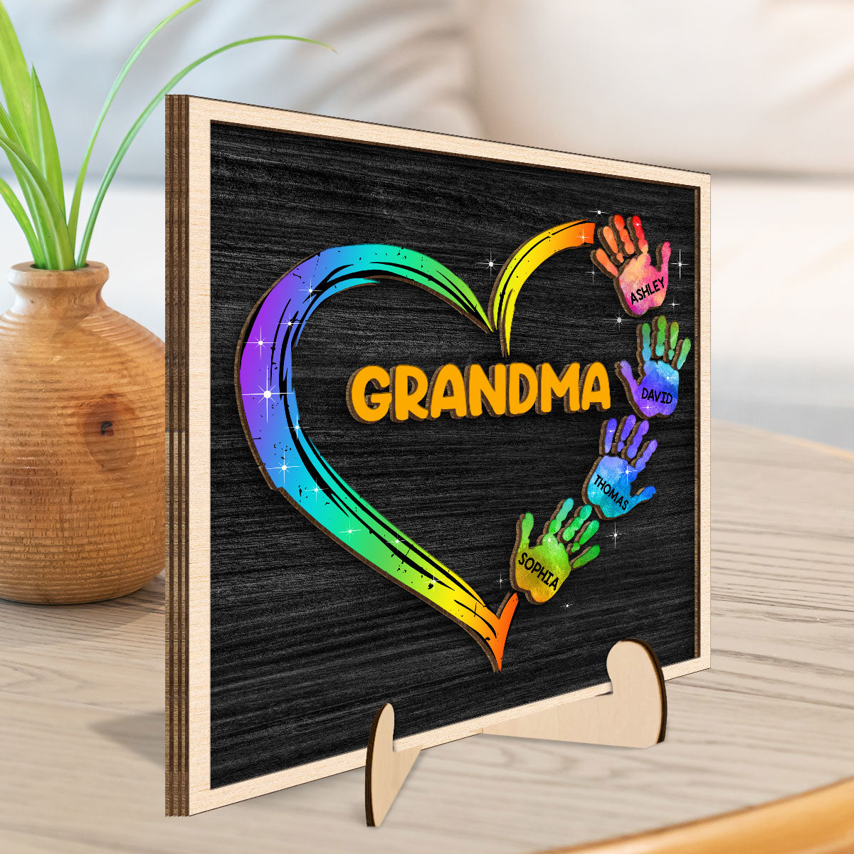 Grandma Mom Galaxy Hand Print Personalized 2-Layer Wooden Plaque