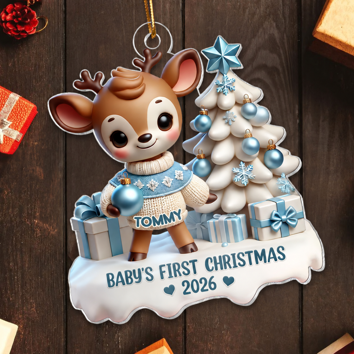 3D Effect Cute Reindeer Baby's First Christmas Personalized Acrylic Ornament, Christmas Gift For Newborns, New Parents