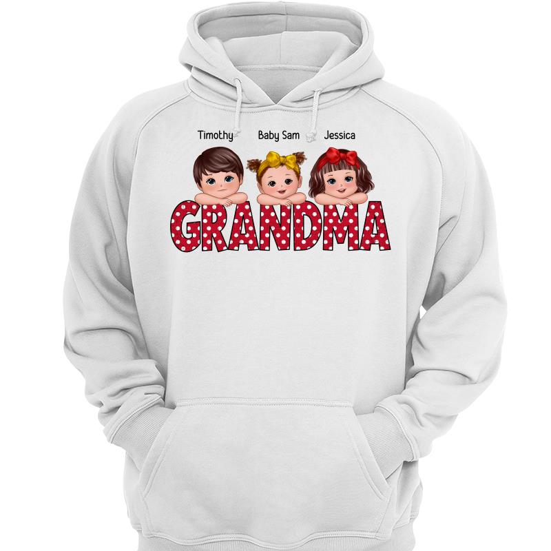 Polka Dot Grandma Cute Grandkids Laying Head On Arms Personalized Shirt