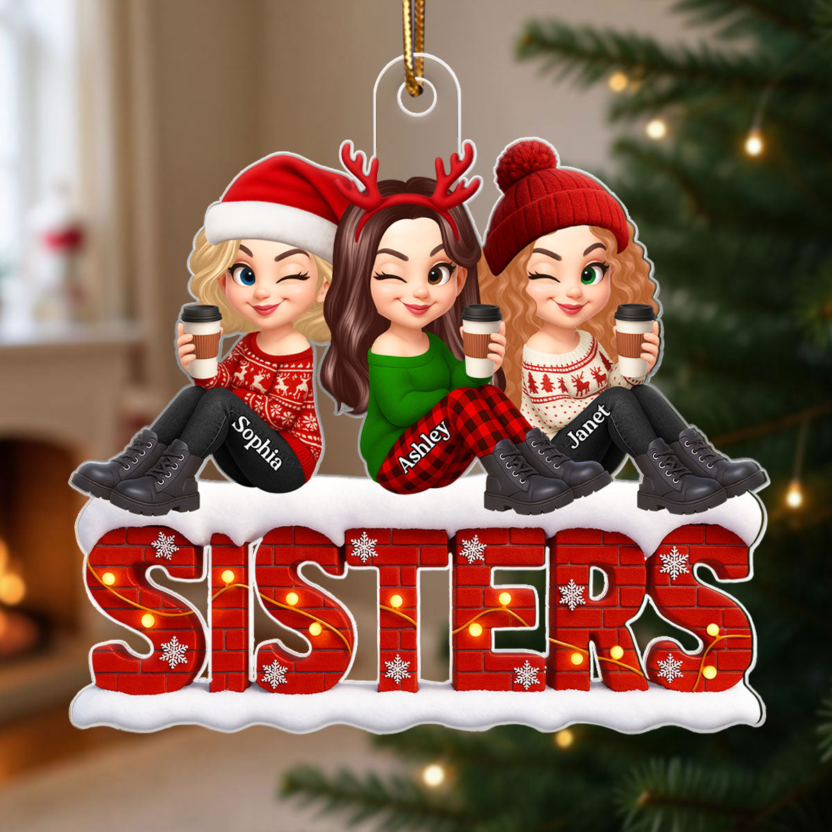 Snowy Brick Wall Besties Sisters Personalized Acrylic Ornament