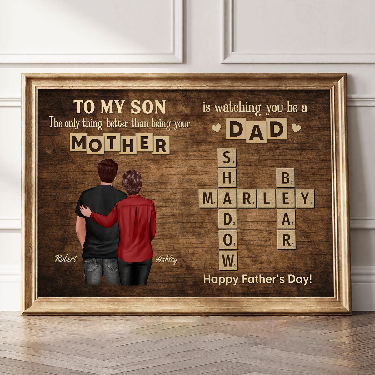 From Mom Dad To Son Watching You Be A Dad Word Tiles Crossword Puzzle Personalized Poster, Gift For Son