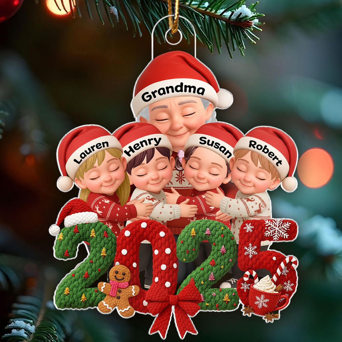 Grandma Hugging Grandkid 2025 Latch Hook Yarn Faux - Personalized Acrylic Ornament - Heartfelt Christmas Gift for Grandma, Grandkids