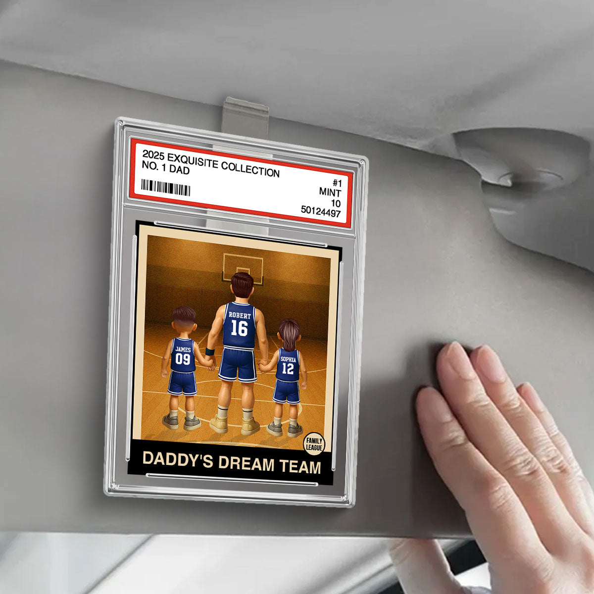 Basketball No. 1 Dad Man & Kids Trading Card Style Personalized Acrylic Car Visor Clip