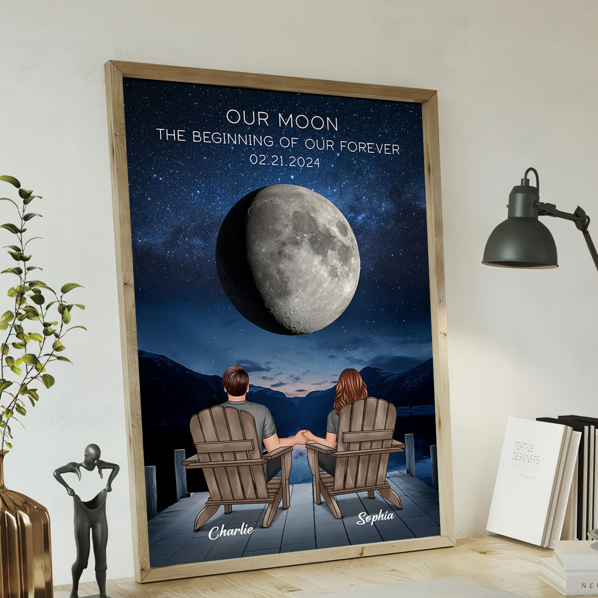 Our Moon Couple Back View Moon Phase Art Anniversary Gift For Him, Gift For Her Wedding Gift Personalized Poster