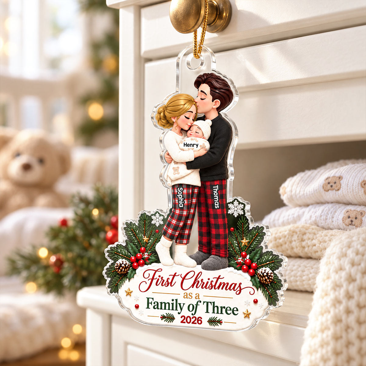 Our First Christmas As Family Of Three 2D Flat Printed - Personalized Acrylic Ornament - Christmas Tree Keepsake For New Parents