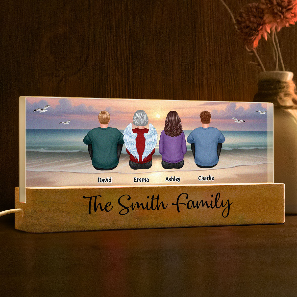 Eternal Sunset Beach Landscape Family Sitting Personalized Acrylic LED Night Light
