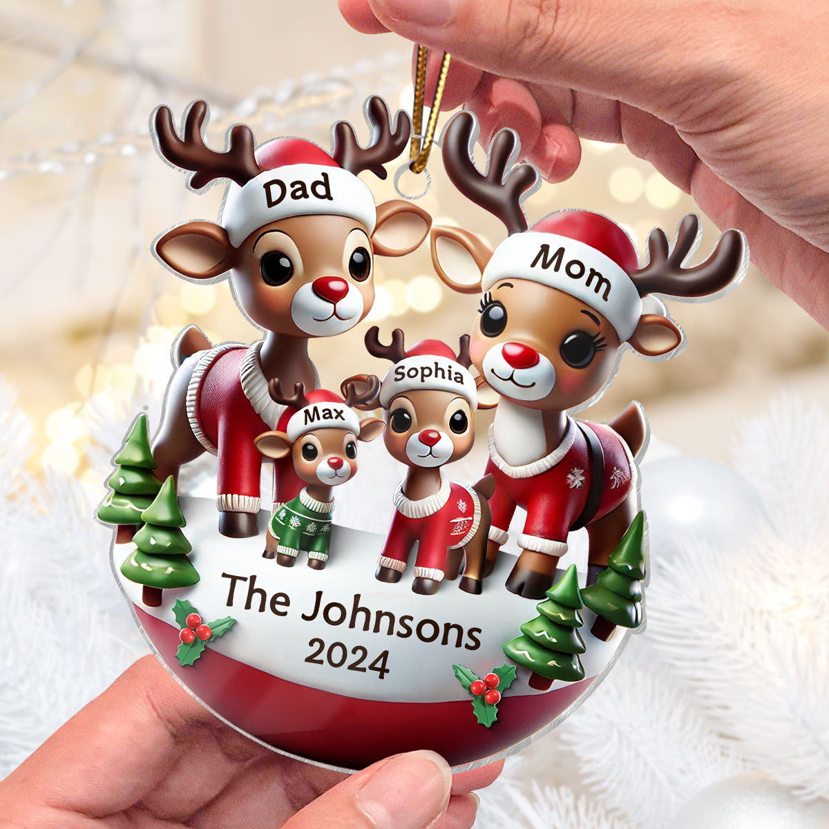 Reindeer Family 3D Effect Cute Christmas Decor Personalized Acrylic Ornament