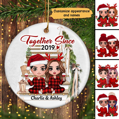 Doll Couple Sitting On Christmas Stair Personalized Circle Ornament