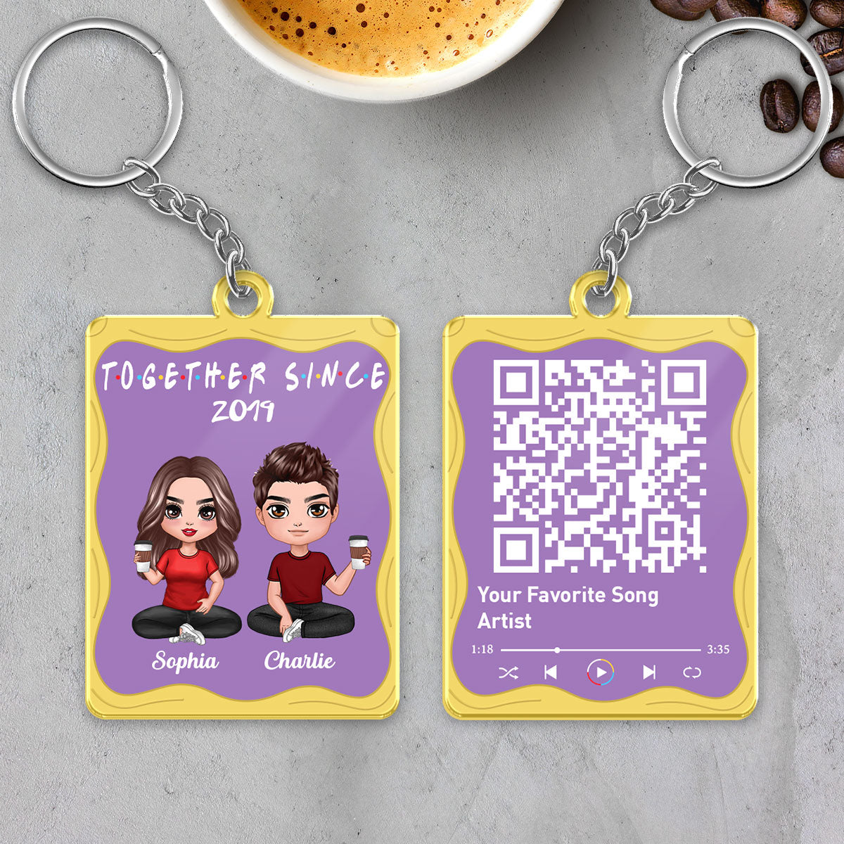 Doll Couple Sitting Purple Yellow Favorite Song Scannable QR Code Personalized Acrylic Keychain