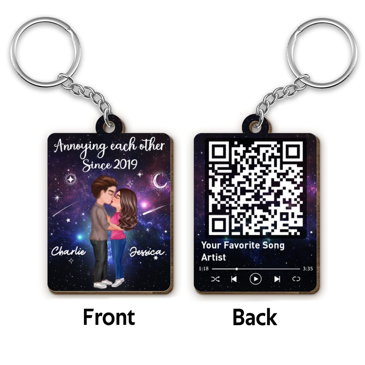 Doll Couple Kissing In Galaxy Night Favorite Song Scannable QR Code Personalized Wooden Keychain