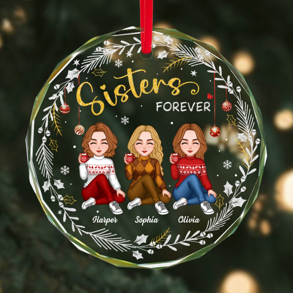 Gorgeous Sisters Forever Personalized Glass Ornament, Christmas Gift For Sisters