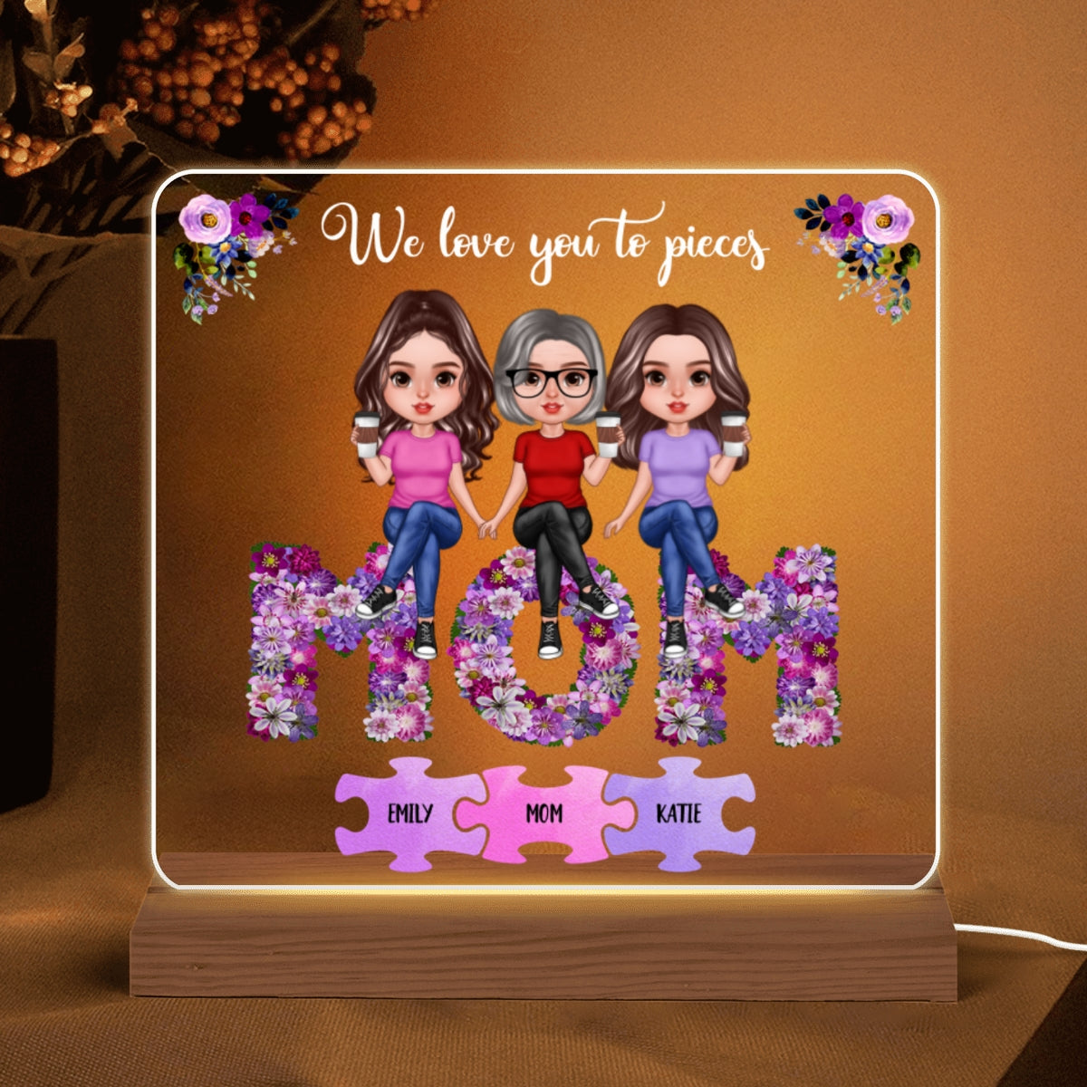 Mother Daughter Purple Flowers Puzzle Personalized Acrylic Custom Shape LED Night Light
