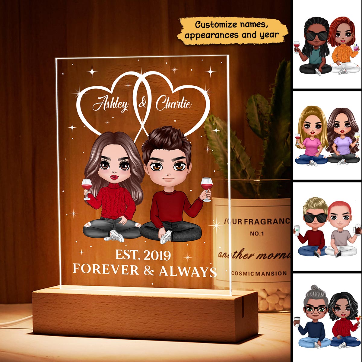 Two Heart Joined Together Couple Sitting Personalized Plaque LED Night Light