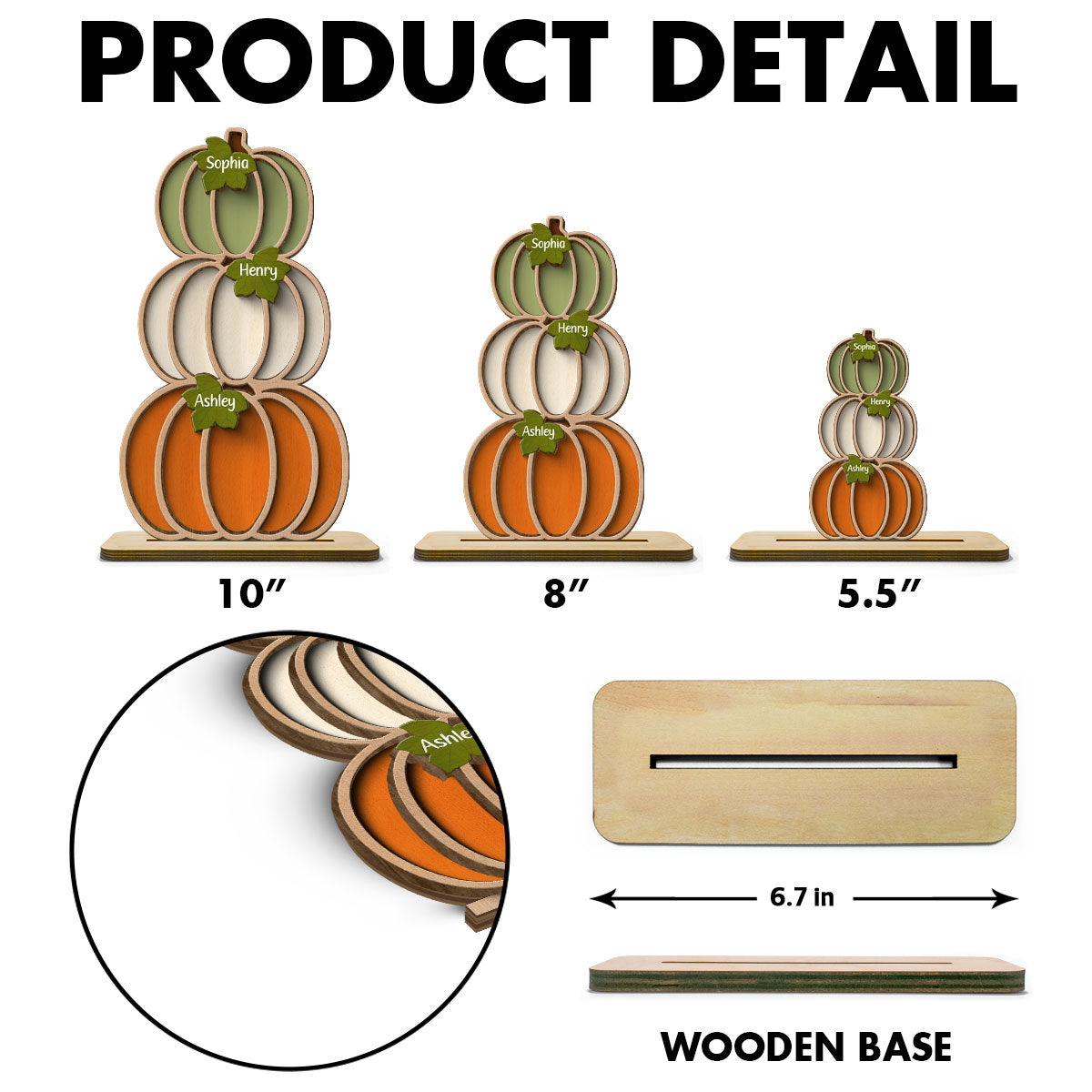 Fall Season Pumpkins Stack With Names Personalized 2-Layer Wooden Standing Plaque
