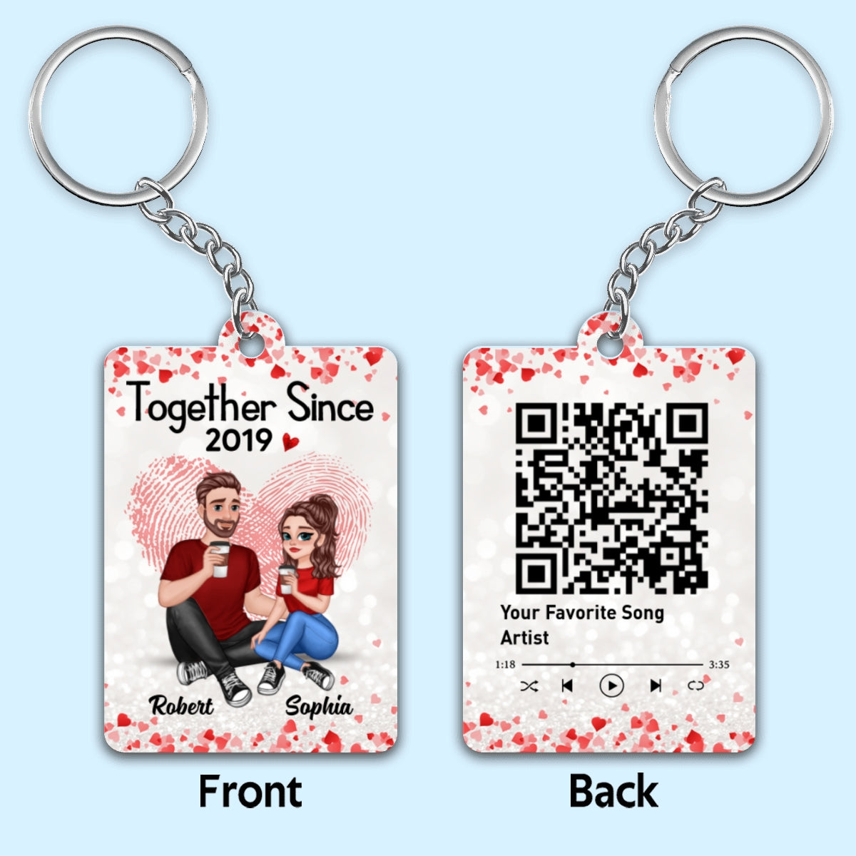 Cartoon Couple Sitting Together Since Fingerprint Heart Favorite Song Scannable QR Code Personalized Acrylic Keychain
