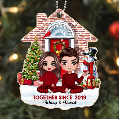 Christmas Doll Couple Sitting In Front Of The House Personalized Wooden Ornament