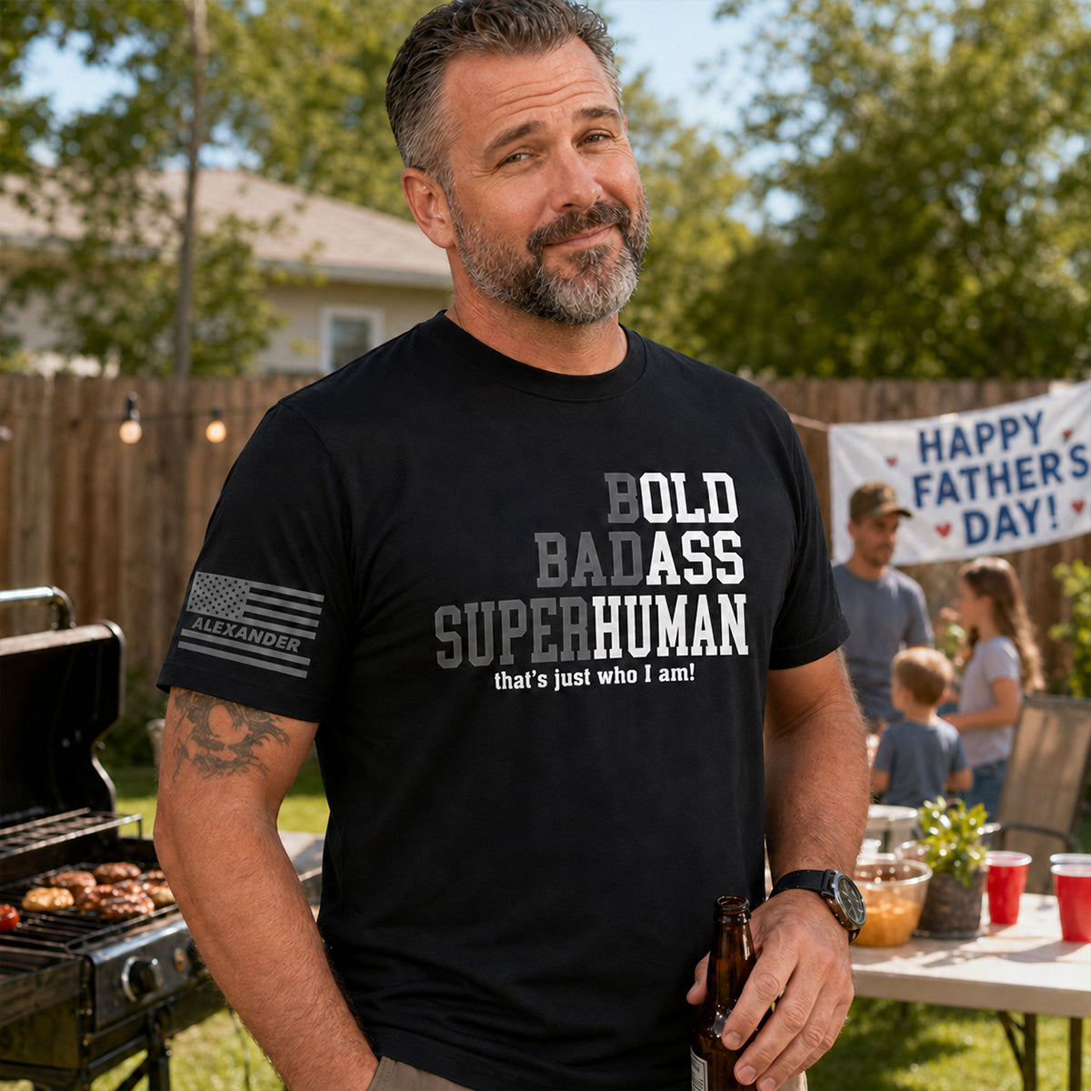 Bold Badass Superhuman Old Man - Personalized Sleeve Printed Shirt - Funny Father's Day Gift For Husband, Dad, Grandpa