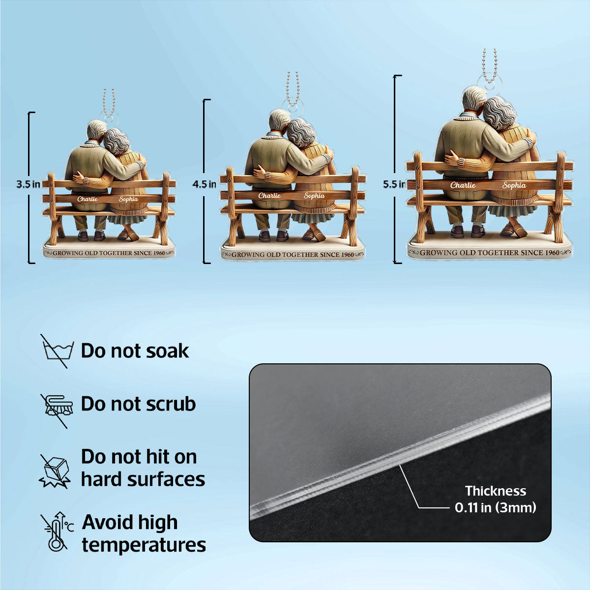 3D Effect Old Couple Sitting On Bench Growing Old Together Since Personalized Car Hanger Ornament, Heartfelt Gift For Couple, For Him, For Her, Husband, Wife