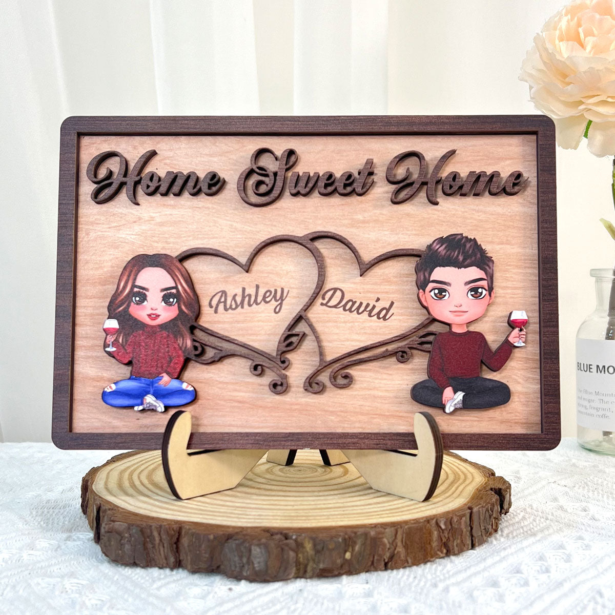 Doll Couple Sitting Home Sweet Home Valentine‘s Day Gift Personalized 2-Layer Wooden Plaque