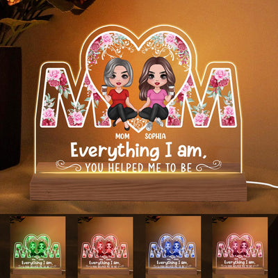 Doll Mother & Daughter Sitting In Heart MOM Personalized Custom Shape Acrylic Plaque With LED Night Light