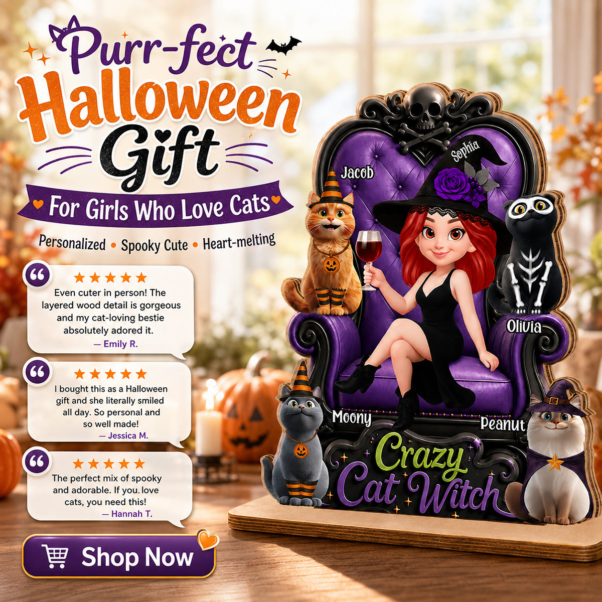 Crazy Cat Witch Halloween - Personalized 2-Layered Wooden Plaque - Halloween Decor for Cat Lovers