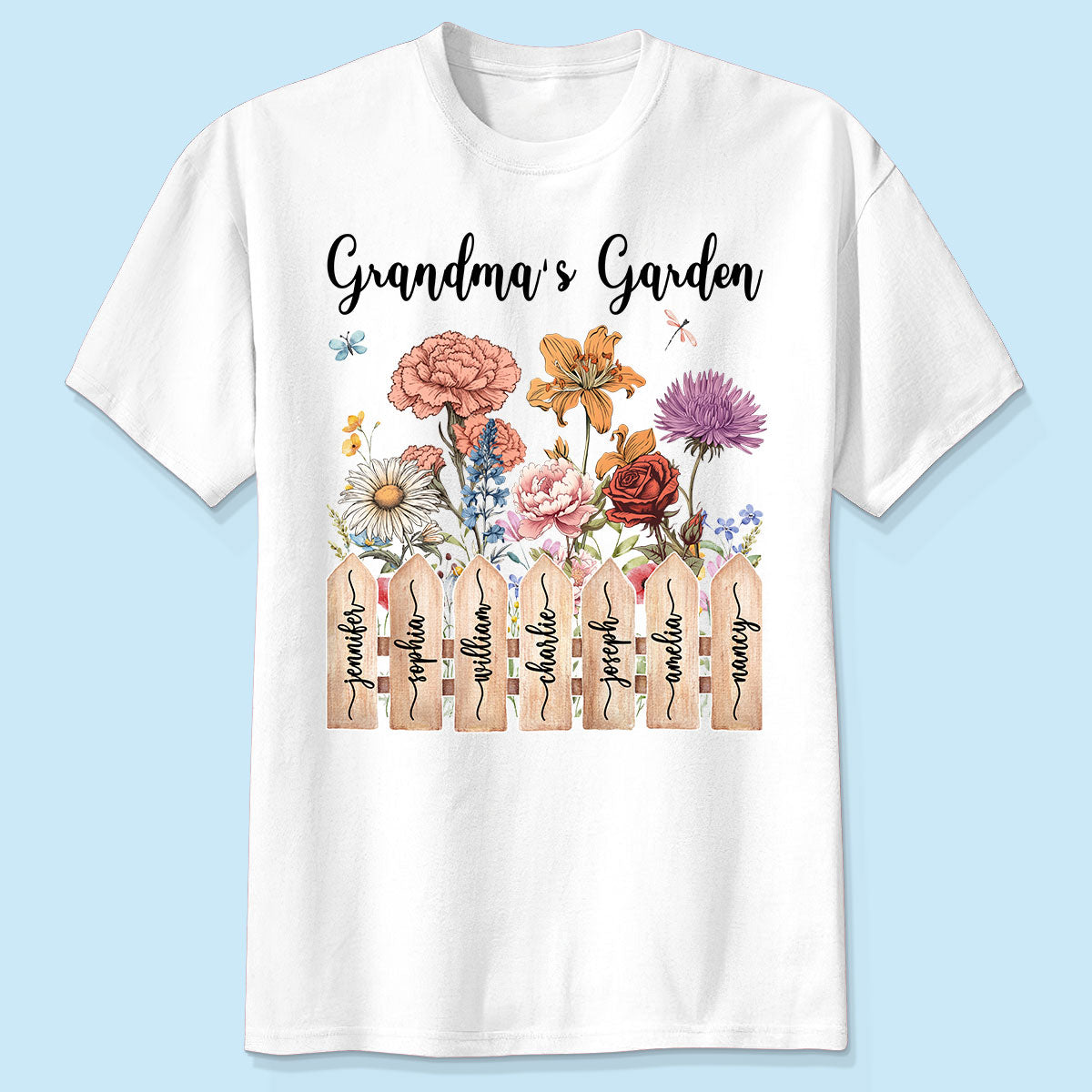 Grandma Birth Month Flower Garden Grandkids Names On Fence Personalized Shirt, Mother's Day gift for Mom, for Grandma
