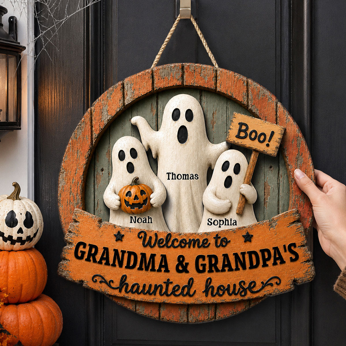 Welcome to Grandma Grandpa's Haunted House - Personalized Door Hanger - Halloween Decor for Grandparents