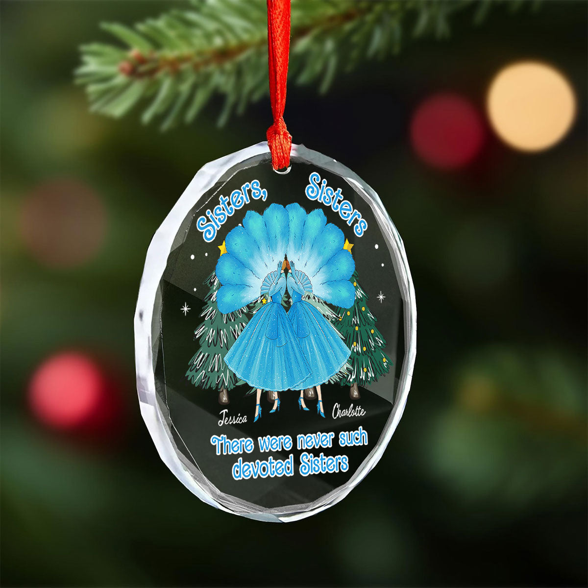 Sisters Sisters Besties in Blue Dresses Personalized Glass Ornament