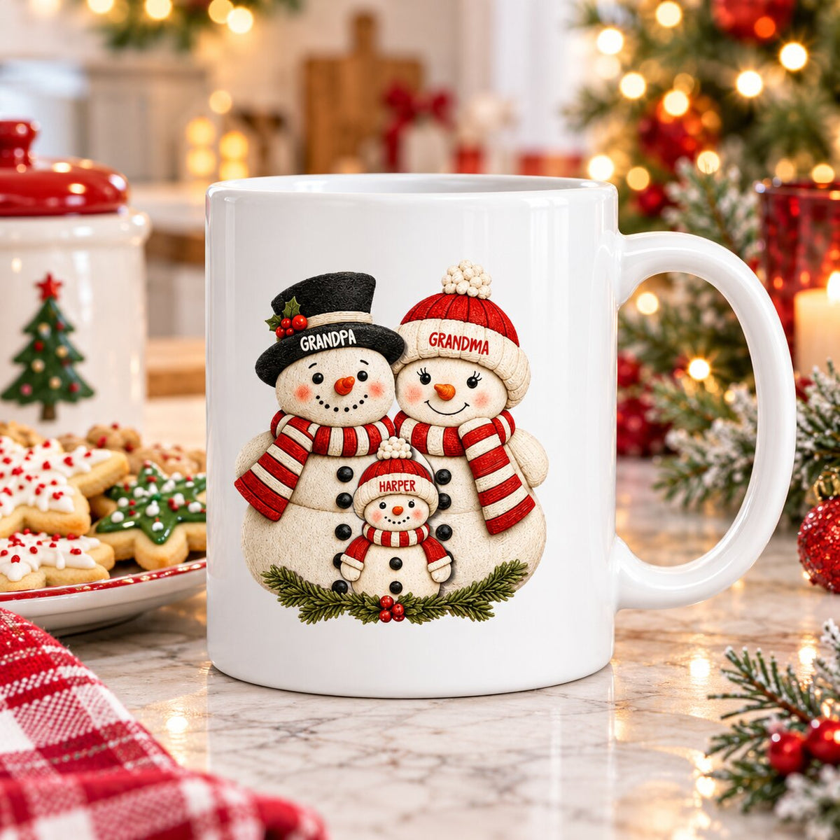 Cute Snowman Grandparents & Grandkids 2D Flat Printed - Personalized Mug - Christmas Gift For Family, Grandma, Grandpa