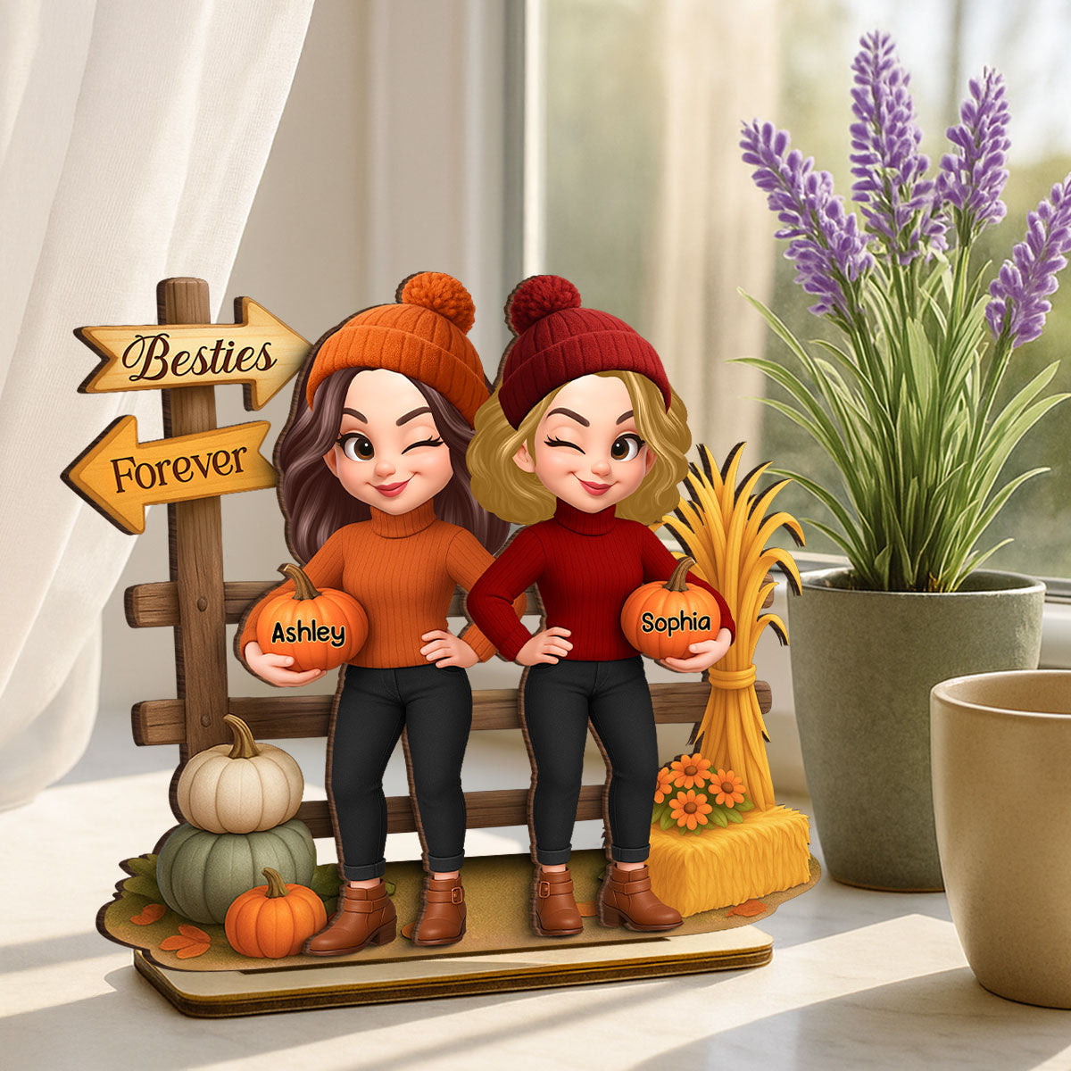Besties Sisters Fall Season Fence Pumpkin Patch Personalized Standing Wooden Plaque