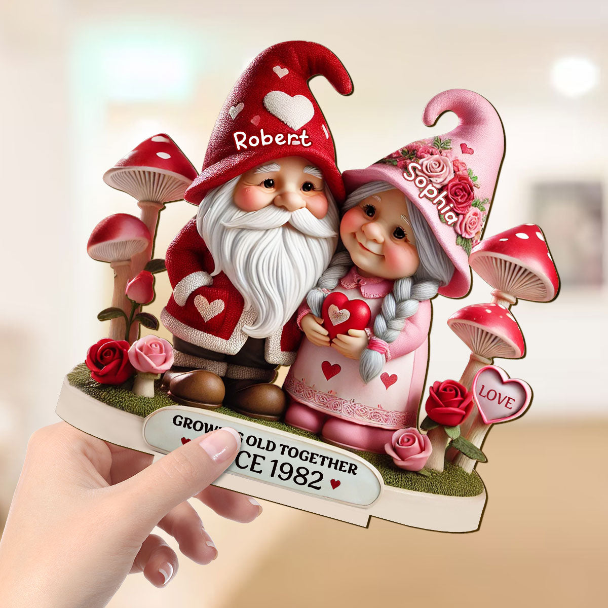3D Effect Gnome Mushroom Old Couple Personalized Wooden Standing, Heartfelt Anniversary Gift,  Gift For Couple, For Him, For Her, Husband, Wife