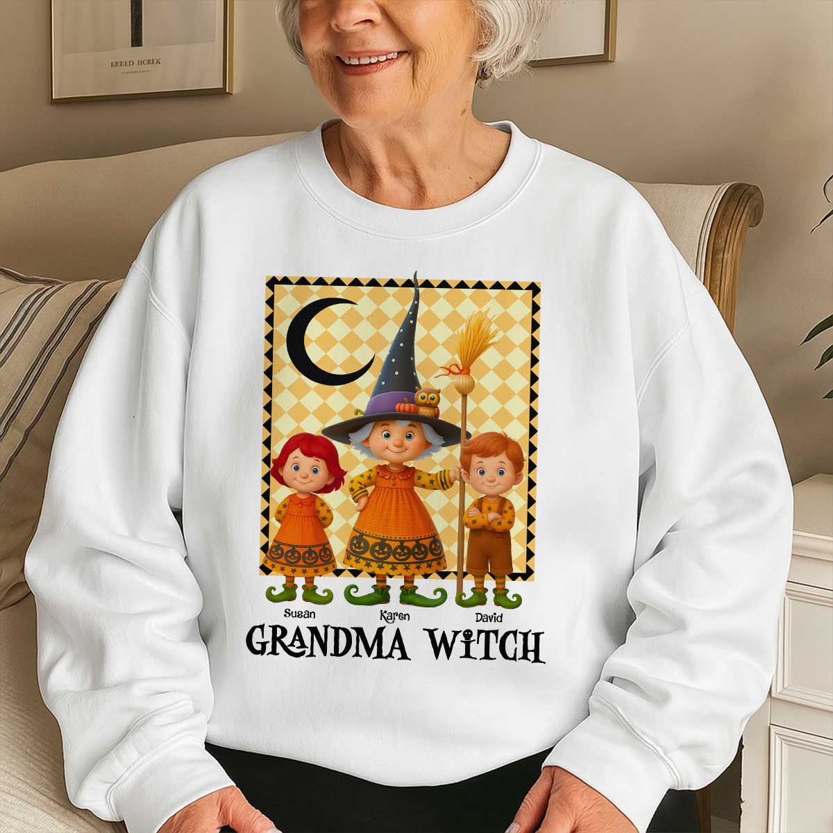 Grandma Witch & Cute Grandkids Personalized Sweatshirt, Halloween Cozy Fall Sweatshirt for Grandma