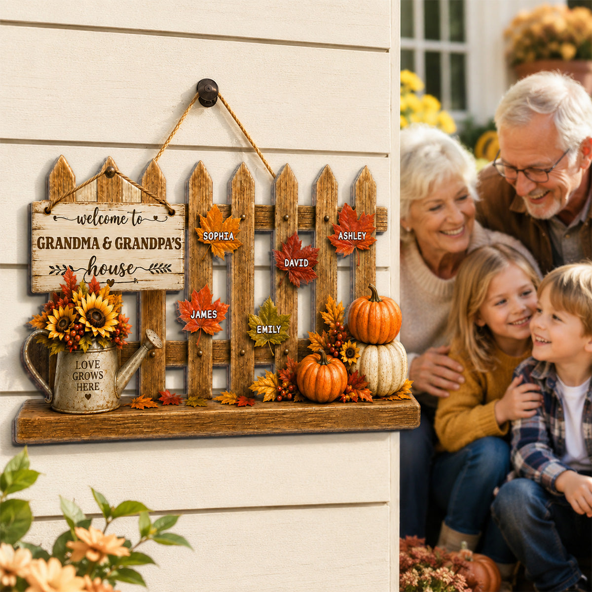 Welcome To Grandparents House Fall Season Fence - Personalized Wood Sign