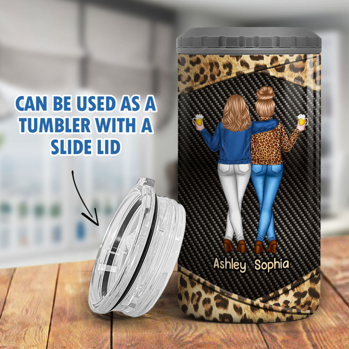 Dark Color Back View Besties Leopard Personalized 4 In 1 Can Cooler